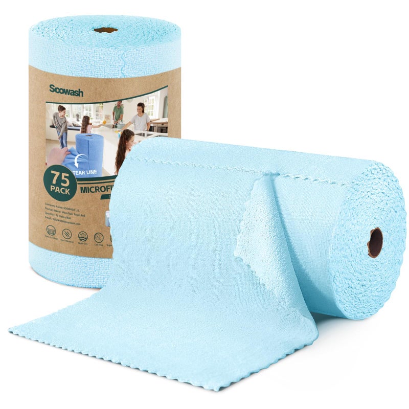 SOOWASH Microfiber Cleaning Cloths Roll 75 Pack Tear Away Microfiber Towels Roll 12 x 12 Lint Free Rags Reusable Cleaning Cloths Washable Scratch FreeUltra Absorbent Dish RagsBlue